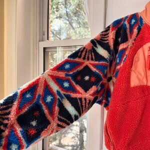 New Free People Hit The Slopes Printed Fleece Jacket Pullover Orange XS